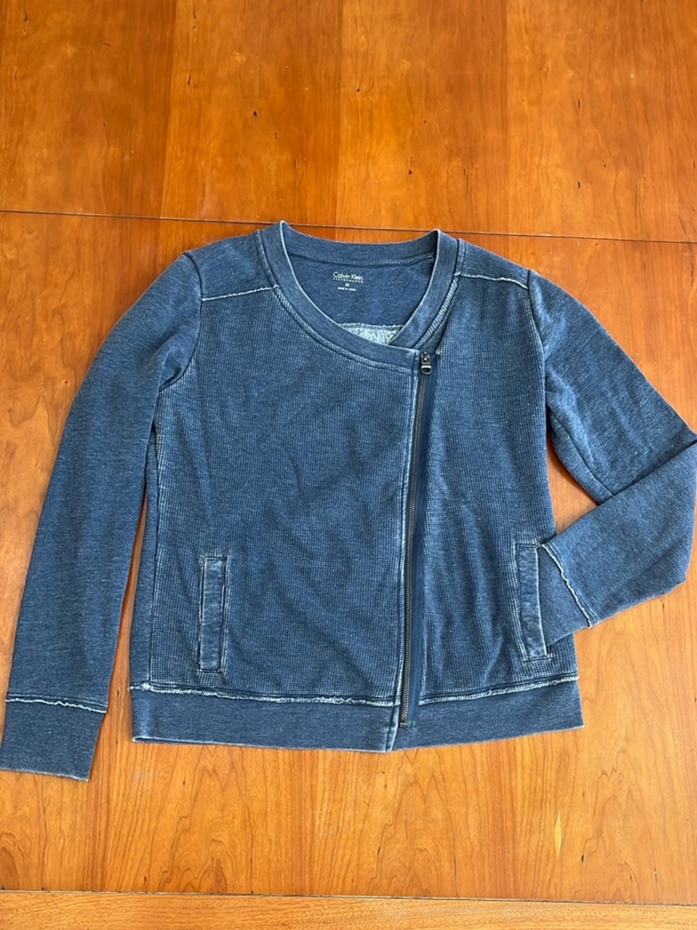 Calvin Klein Performance Moto Jacket. Acid-Washed, Waffle Knit, Asymmetrical Zip